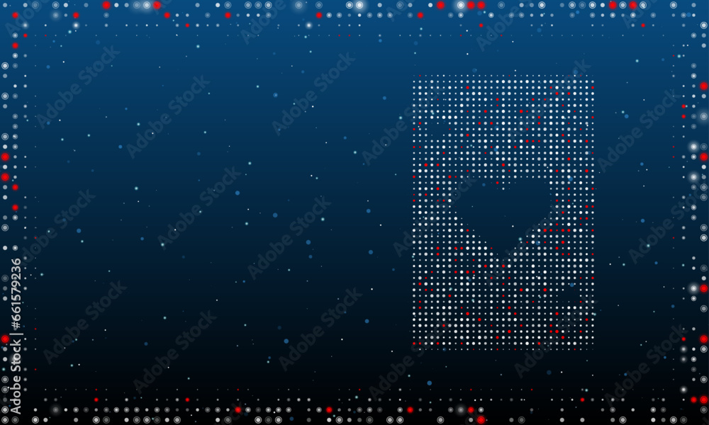 Aufkleber on the right is the ace of heart symbol filled with white dots. pointillism style. abstract futurist