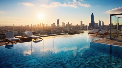 Naklejka premium A rooftop swimming pool offering a stunning cityscape view of Barcelona's skyscrapers in Spain. This luxurious amenity belongs to a premium hotel