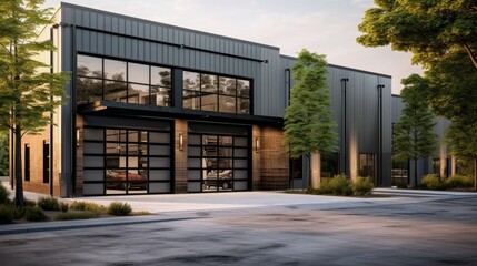 Fototapeta na wymiar The fusion of modern design in an industrial setting. Explore this sizable garage with its distinctive gray doors, brick façade, and well-kept asphalt entrance
