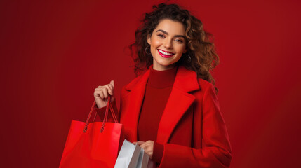 Fototapeta na wymiar Beautiful attractive smiling woman holding shopping bags posing on red background