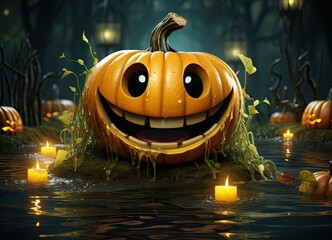 Obraz premium Cartoonish Halloween Jack O Lantern Haunting Night Backdrop Generative AI