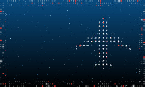 On the right is the airplane symbol filled with white dots. Pointillism style. Abstract futuristic frame of dots and circles. Some dots is red. Vector illustration on blue background with stars