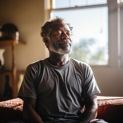 Elderly African American Practicing Mindfulness, Calm, Relaxation Techniques for Mental Health