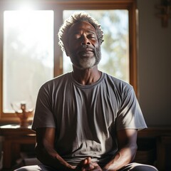 Senior African American Practicing Mindfulness, Calm, Relaxation Techniques for Mental Health