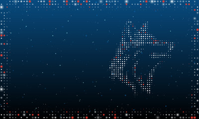 On the right is the wolf head symbol filled with white dots. Pointillism style. Abstract futuristic frame of dots and circles. Some dots is red. Vector illustration on blue background with stars