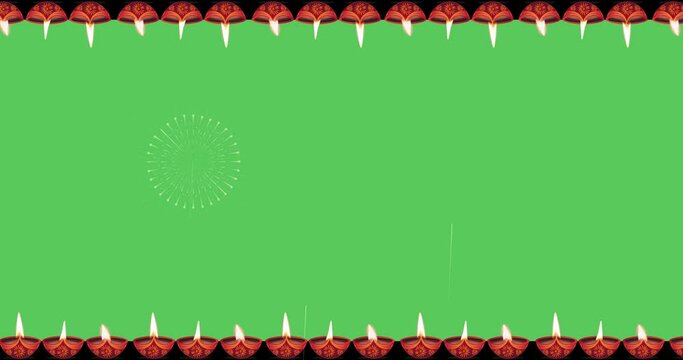 Animated motion graphics of Diwali oil lamp moving left and bottom right on green background and sky fun fireworks in the middle.