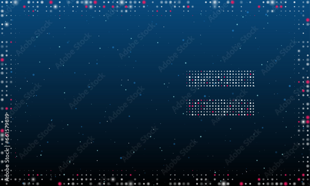 Poster on the right is the equals symbol filled with white dots. pointillism style. abstract futuristic fra