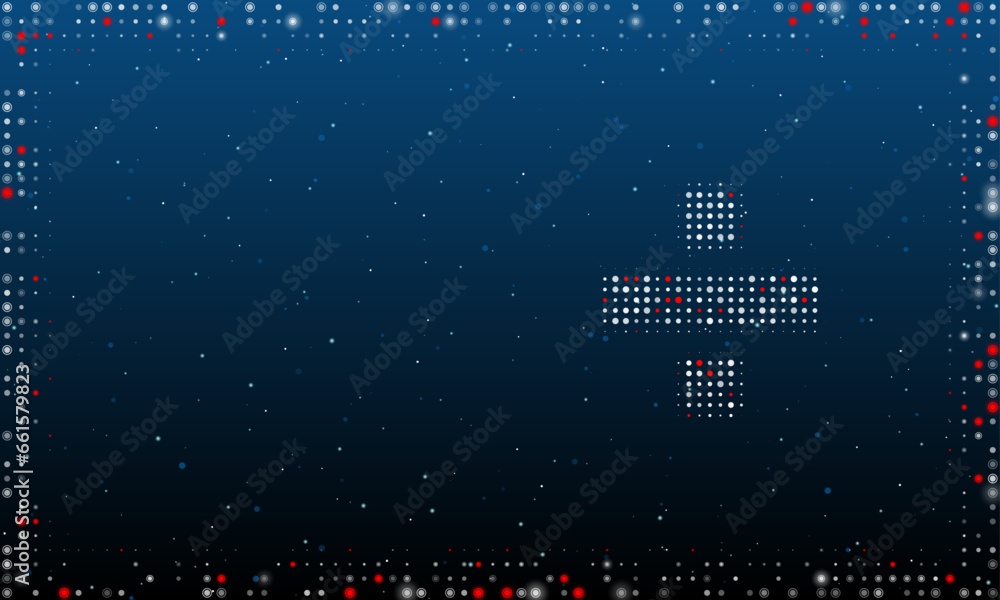 Poster on the right is the division symbol filled with white dots. pointillism style. abstract futuristic f