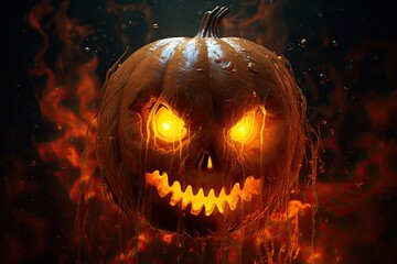 Big Glowing Eyes Halloween Pumpkin Head Monster Walking Background Generative AI