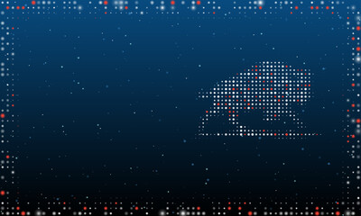 On the right is the wild buffalo symbol filled with white dots. Pointillism style. Abstract futuristic frame of dots and circles. Some dots is red. Vector illustration on blue background with stars