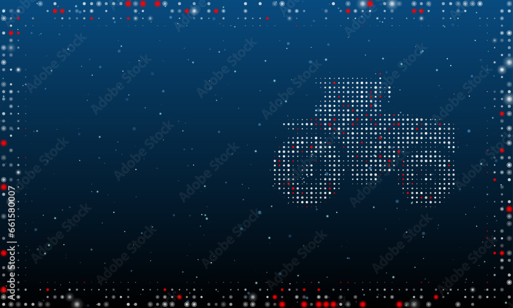 Poster on the right is the tractor symbol filled with white dots. pointillism style. abstract futuristic fr