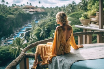 young beautiful woman relaxing on hotel terrace in tropical country, AI Generated - obrazy, fototapety, plakaty