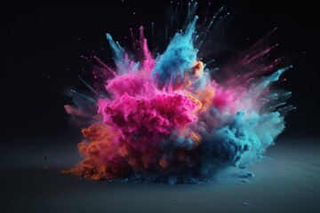 Explosion of pink and blue powder. Freeze motion of colored powder exploding on dark background