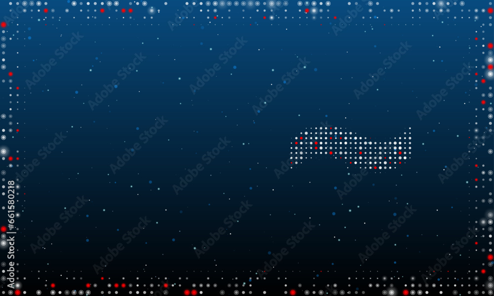 Poster on the right is the tilde symbol filled with white dots. pointillism style. abstract futuristic fram