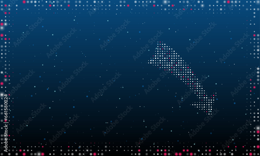 Poster on the right is the down arrow symbol filled with white dots. pointillism style. abstract futuristic