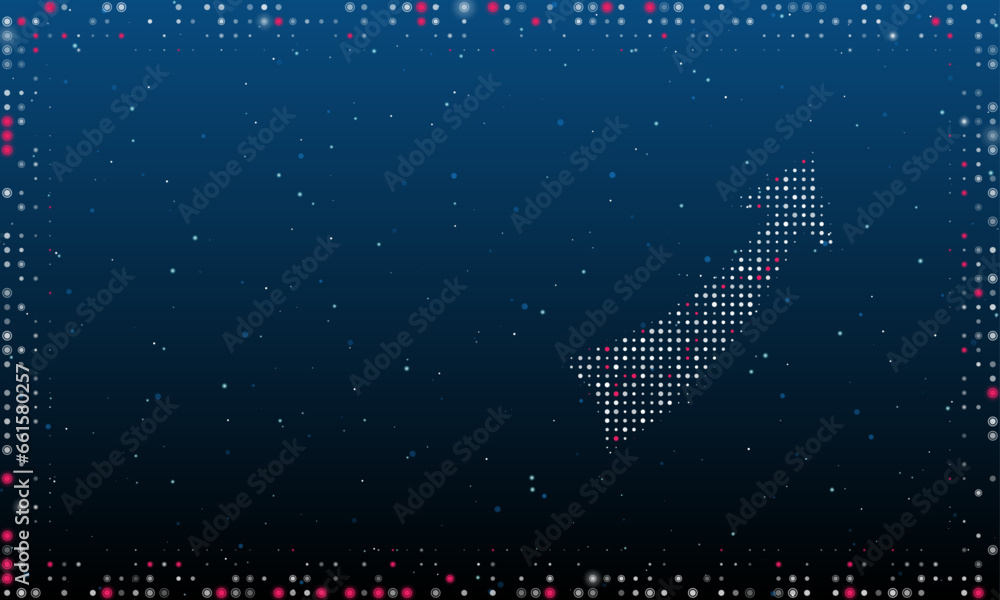 Poster on the right is the up arrow symbol filled with white dots. pointillism style. abstract futuristic f