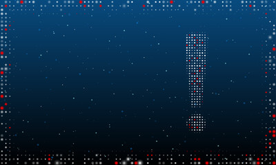 On the right is the exclamation symbol filled with white dots. Pointillism style. Abstract futuristic frame of dots and circles. Some dots is red. Vector illustration on blue background with stars