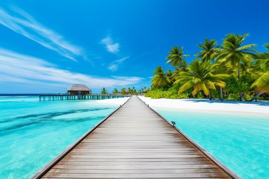 Panoramic view of a beach in the Maldives with palm trees, a beach bar, and a long wooden pier. Represents a tropical vacation and summer holiday background concept. Generative AI