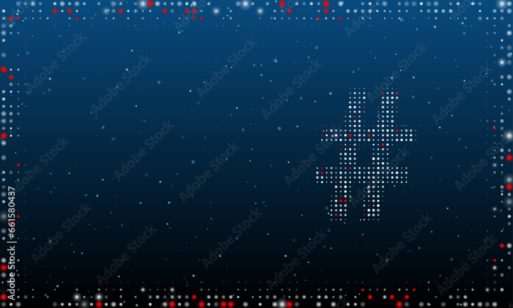 Aufkleber on the right is the hash symbol filled with white dots. pointillism style. abstract futuristic frame