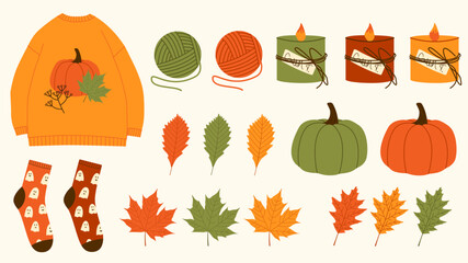 Autumn set, fall clip art. Design elements collection with leaf, pumpkins, candel and others. Pack of cute autumn stickers. Vector illustration. Modern illustrations in flat minimal style.
