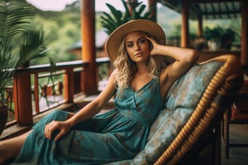 young beautiful woman relaxing on hotel terrace in tropical country, AI Generated