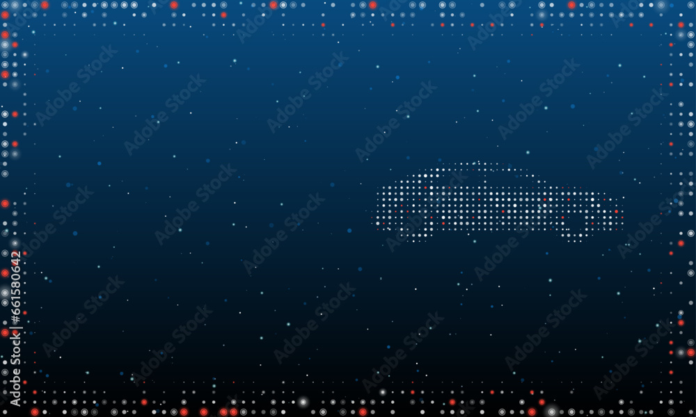 Poster on the right is the car symbol filled with white dots. pointillism style. abstract futuristic frame 