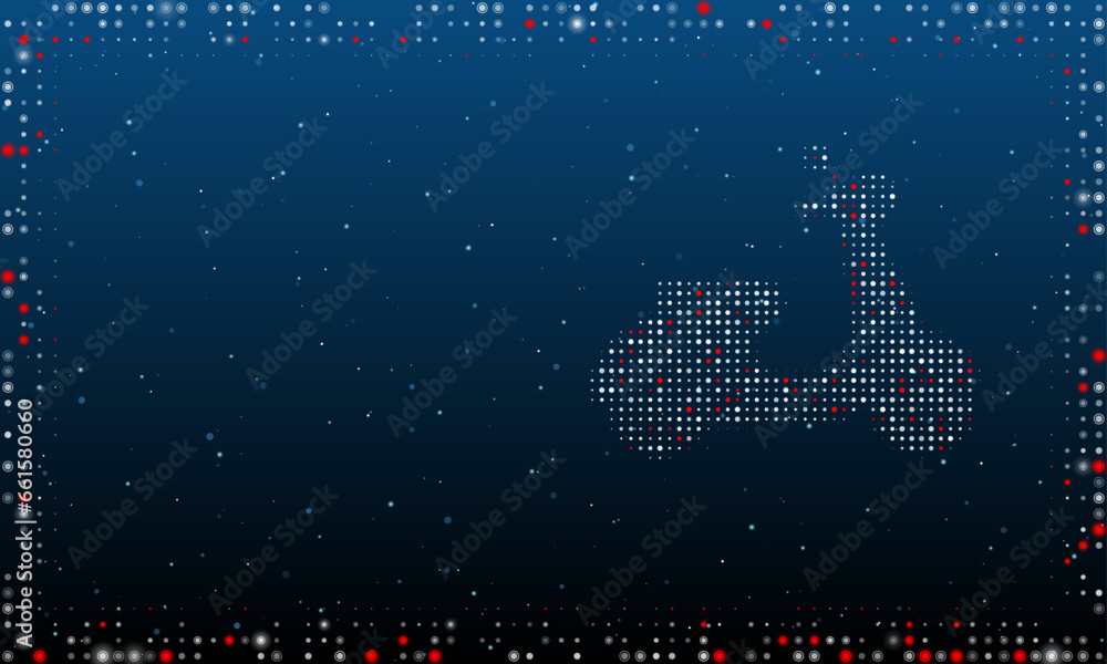 Poster on the right is the scooter symbol filled with white dots. pointillism style. abstract futuristic fr