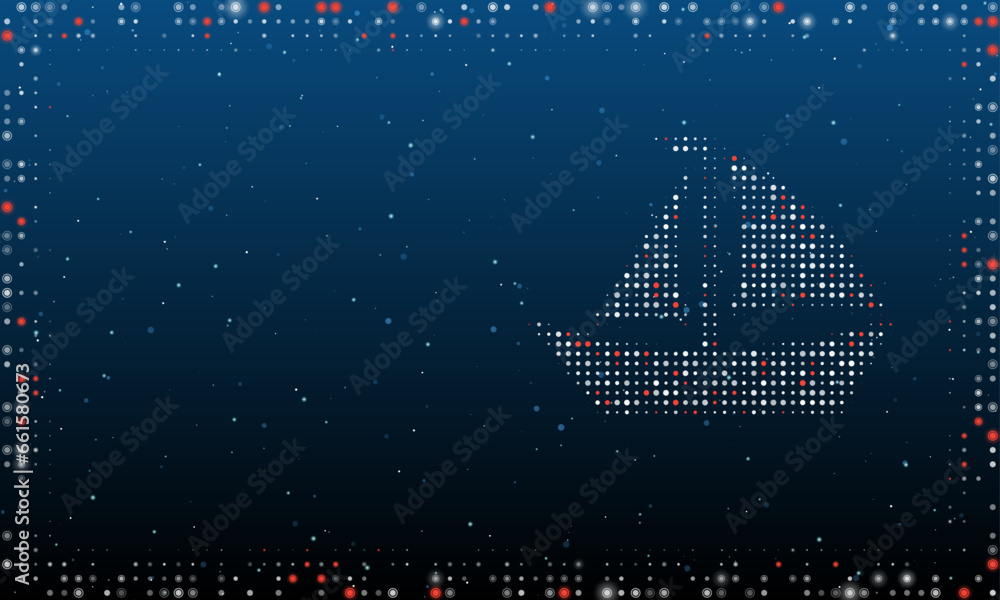 Poster on the right is the sailing boat symbol filled with white dots. pointillism style. abstract futurist