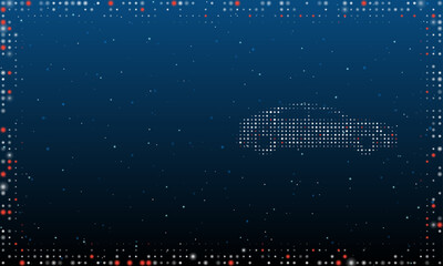 On the right is the car symbol filled with white dots. Pointillism style. Abstract futuristic frame of dots and circles. Some dots is red. Vector illustration on blue background with stars