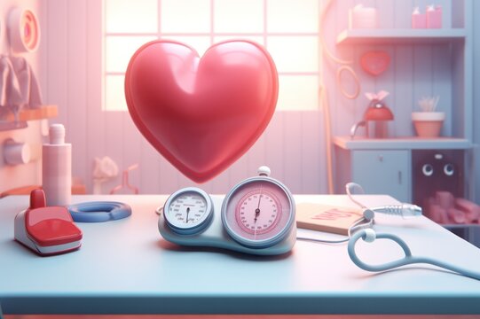 healthcare checkup clinic cartoon style poster 3d illustration. Measuring blood pressure and heart rate. 