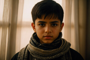 Portrait of the of the very young Middle Eastern boy wearing keffiyeh, traditional clothing. Concept of active age