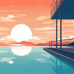 2D Illustration of a beautiful sunset at the lake