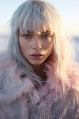 Portrait of a beautiful blonde woman in a pink winter fur jacket. Pastel desert, fresh winter morning. Alien world on another planet. Glitter make up, pale skin and surreal landscape around her.