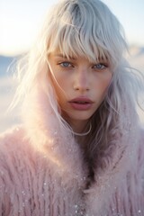 Portrait of a beautiful blonde woman in a pink winter fur jacket. Pastel desert, fresh winter...