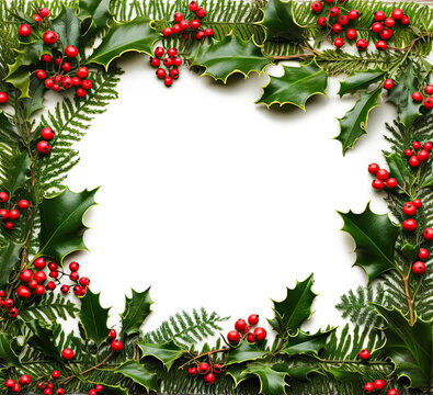 Christmas frame with holly berries and leaves,fir tree branches on white background, closeup, top view