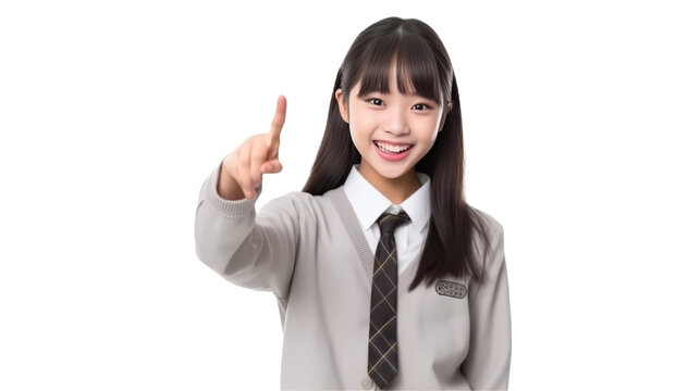 pretty Asian student girl in school uniform pointing finger up.isolated transparent  background
