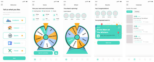 Events, Concerts and Activities Mobile App UI Kit Template with prize wheel and roulette Discover Plan