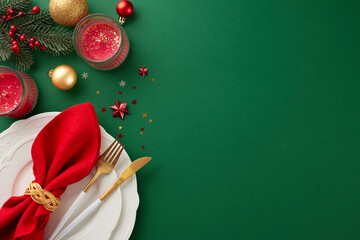 Gorgeous Christmas-themed table decor. Top view photo of plates, cutlery, red, golden balls,...