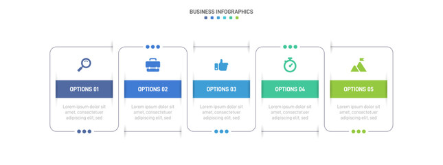 Timeline infographic with infochart. Modern presentation template with 5 spets for business process. Website template on white background for concept modern design. Horizontal layout.