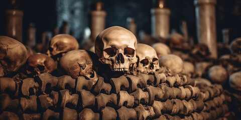 human skulls and bones of people killed in war in crypt burial in cemetery.generative ai - obrazy, fototapety, plakaty