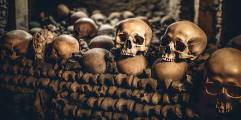 human skulls and bones of people killed in war in crypt burial in cemetery.generative ai - obrazy, fototapety, plakaty