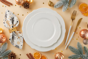 Indulge in the perfect Christmas table arrangement. Top view shot of plates, cutlery, xmas balls,...