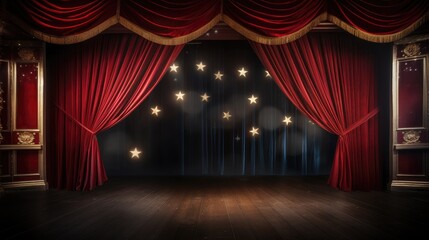 Theatrical atmosphere: Red curtains part to reveal a star-studded stage, setting the scene for a dazzling performance