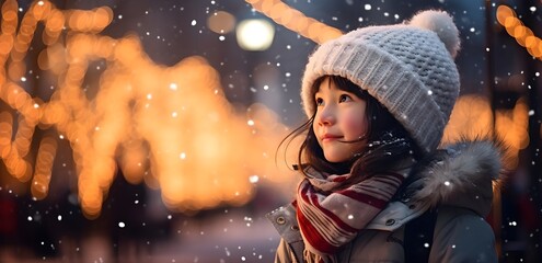 a girl is looking into Christmas decorated shop windows, the city, New Year's lights and garlands of the city, celebrating Christmas