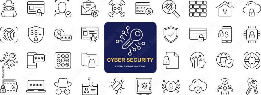 Poster Cyber security set of web icons in line style. Internet protection icons for web and mobile app. Data protection, network, technology, password, key, shield, lock, password, eye access, spam, hacker