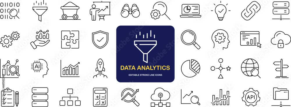 Fototapete Data analytics set of web icons in line style. Data analysis icons for web and mobile app. Data processing, statistics, database, analytics, monitoring, computing, AI, hosting, monitoring, server