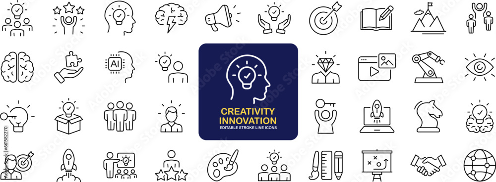 Poster creativity innovation set of web icons in line style. creative business solutions icons for web and 