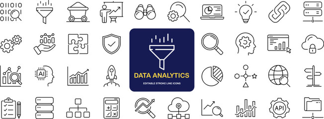 Data analytics set of web icons in line style. Data analysis icons for web and mobile app. Data processing, statistics, database, analytics, monitoring, computing, AI, hosting, monitoring, server