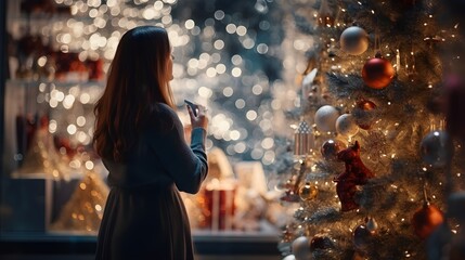 portrait of a beautiful girl against the background of a Christmas decorated city in Europe, city lights and garlands, bokeh, New Year, Christmas and holiday concept