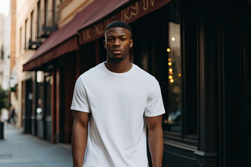 African American man wearing a white T-shirt standing in a street mock up